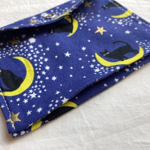 Black Cat Tiny Pouch, Small Japanese Fabric Snap Coin Purse or Card Case in Blue with Kitties and Moons image 8