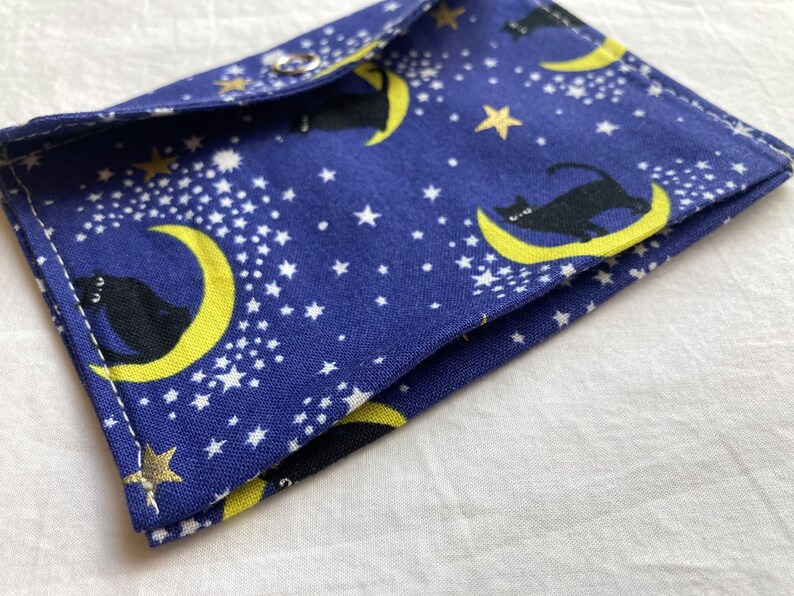 Black Cat Tiny Pouch, Small Japanese Fabric Snap Coin Purse or Card Case in Blue with Kitties and Moons image 8