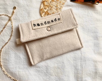 Canvas Coin Pouch with Handmade Patch, Cute Minimal Snap Bag in Natural Cotton