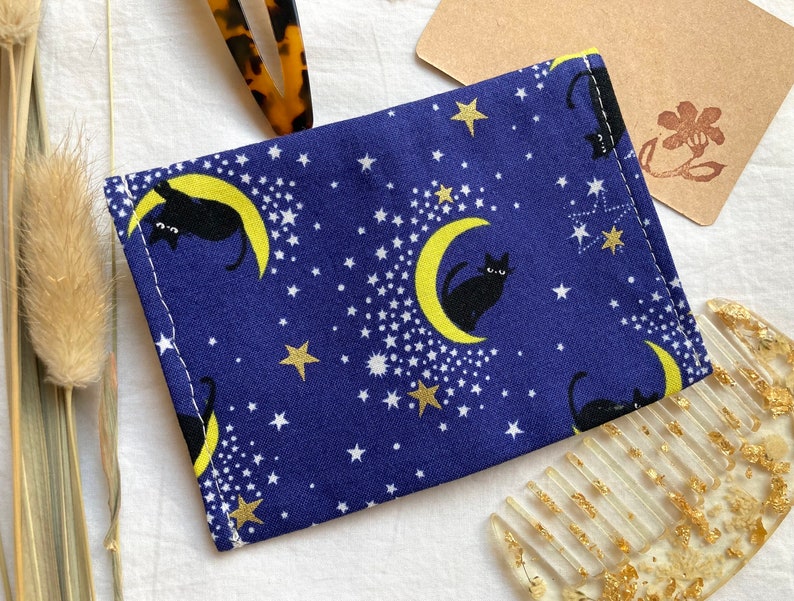 Black Cat Tiny Pouch, Small Japanese Fabric Snap Coin Purse or Card Case in Blue with Kitties and Moons image 6