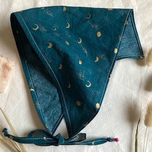 Moon Phases Hair Bandana in Dark Teal with Metallic Gold Accents, Cute Celestial Accessory