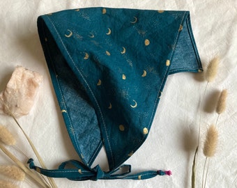 Moon Phases Hair Bandana in Dark Teal with Metallic Gold Accents, Cute Celestial Accessory