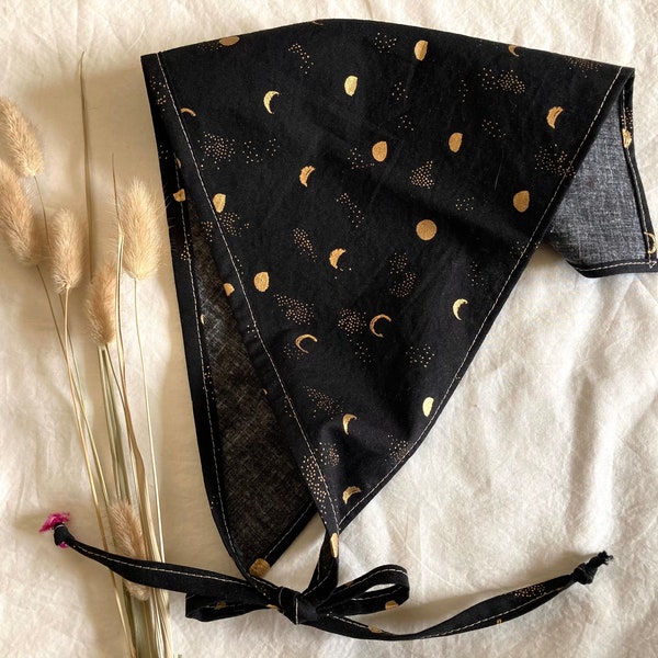 Moon Phases Hairkerchief in Black with Metallic Gold Accents, Cute Celestial Hair Scarf