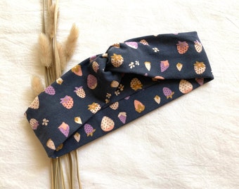 Strawberry Twist Headband in Washed Navy Blue with Cute Berries and Flowers, Thick Cotton Wrap