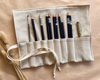 Natural Canvas Tool Roll for Pens and Pencils, Art and Craft Organizer in Soft Sturdy Fabric