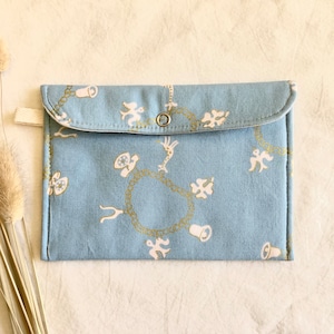 Blue Padded Pouch: Metallic Gold Charm Bracelet Print, Travel Case