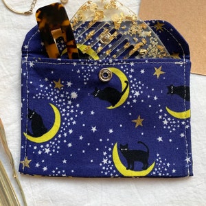 Black Cat Tiny Pouch, Small Japanese Fabric Snap Coin Purse or Card Case in Blue with Kitties and Moons image 7