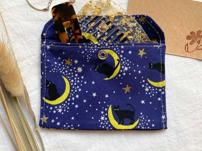 Black Cat Tiny Pouch, Small Japanese Fabric Snap Coin Purse or Card Case in Blue with Kitties and Moons image 7