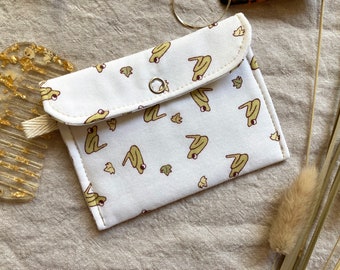 Frog Tiny Pouch, Padded Small Japanese Fabric Snap Coin Purse or Meds Bag in White with Froggies and Leaves