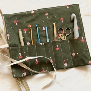 Mushroom Crochet Hook Roll, Art and Craft Tool Organizer in Cute Olive Green with