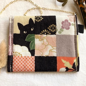 Black Cat Tiny Pouch, Padded Small Japanese Fabric Snap Coin Purse or Card Case with Kitties and Flowers image 2