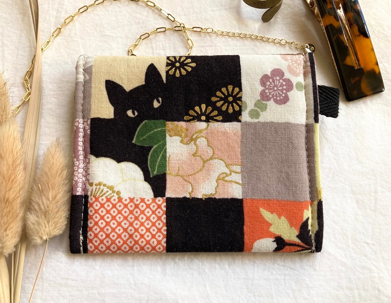 Black Cat Tiny Pouch, Padded Small Japanese Fabric Snap Coin Purse or Card Case with Kitties and Flowers image 2