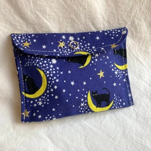 Black Cat Tiny Pouch, Small Japanese Fabric Snap Coin Purse or Card Case in Blue with Kitties and Moons image 5