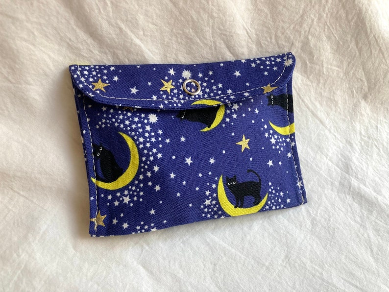 Black Cat Tiny Pouch, Small Japanese Fabric Snap Coin Purse or Card Case in Blue with Kitties and Moons image 5