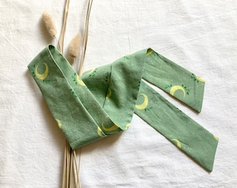 Silk Blend Moon Hair Ribbon in Bright Sage Green with Leaves, Soft and Light Gift