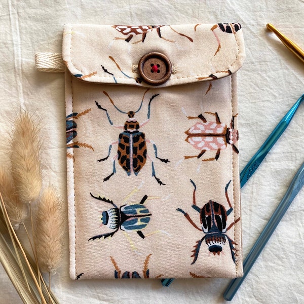 Crochet Hook Case with Beetles in Peach, Circular Needle Holder with Insects