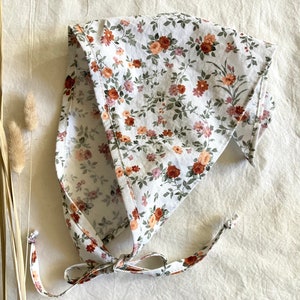 French Garden Hair Bandana in White with Orange and Red Roses, Spring and Summer Hairscarf