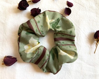 Sage Green Pure Silk Scrunchie with Yellow Roses and Vines, Pretty Gift for Long Hair