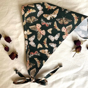 Moth Triangle Headscarf, Cottagecore Hairkerchief in Dark Green with Moths and Butterflies