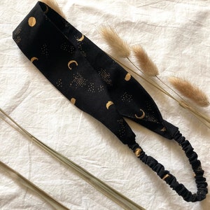 Moon Phases Headband in Black and Metallic Gold, Cute Celestial Hair Accessory with Stars