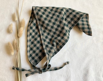 Forest Plaid Hair Bandana in Emerald Green and Tan, Homespun Textured Cute Cotton Triangle Scarf