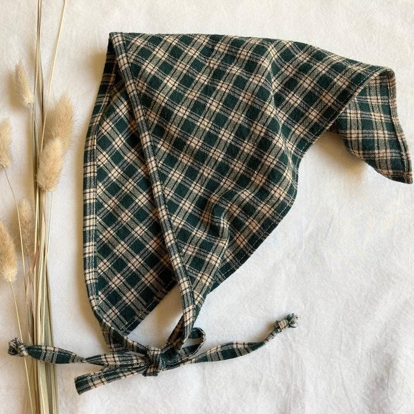 Forest Plaid Hair Bandana in Emerald Green and Tan, Homespun Textured Cute Cotton Triangle Scarf