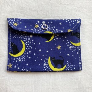 Black Cat Tiny Pouch, Small Japanese Fabric Snap Coin Purse or Card Case in Blue with Kitties and Moons image 2