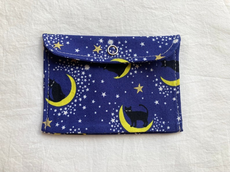 Black Cat Tiny Pouch, Small Japanese Fabric Snap Coin Purse or Card Case in Blue with Kitties and Moons image 2