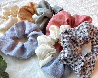 Pastel Linen Scrunchies, Mix and Match Hair Accessories in Blush, Sky, Sage, Checked, and Cream