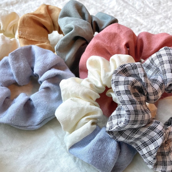 Pastel Linen Scrunchies, Mix and Match Hair Accessories in Blush, Sky, Sage, Checked, and Cream