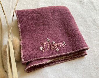 Mom Embroidered Linen Handkerchief, Vintage Rose Color Handmade Gift for Mothers Day