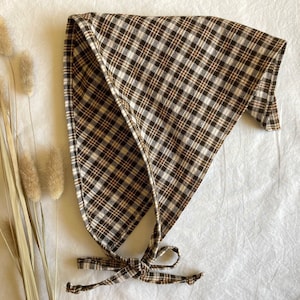Autumn Plaid Hairkerchief in Cream and Brown, Cute Checked Hair Bandana for Hiking, Gardening, or Work