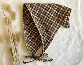 Autumn Plaid Hairkerchief in Cream and Brown, Cute Checked Hair Bandana for Hiking, Gardening, or Work