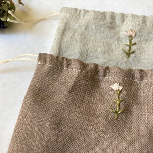 Embroidered Linen Pouch, Small and Pretty in Natural or Brown with Pink Flower or Thistle