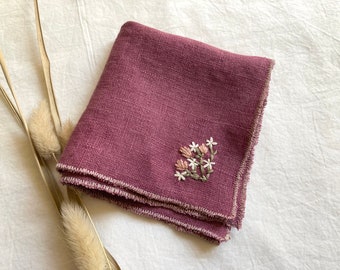 Floral Embroidered Linen Handkerchief, Vintage Rose Color Handmade Gift