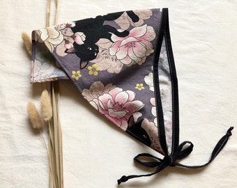 Japanese Hairkerchief with Black Cats and Flowers, Handmade Traingle Hair Bandana in Purple, Pink, and Gold