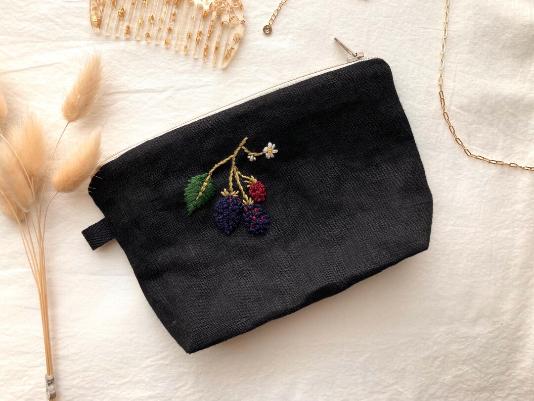 Blackberry Embroidered Linen Pouch, Handmade Zipper Cosmetic Bag in ...