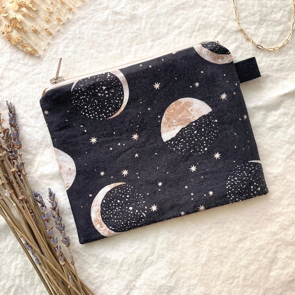 Moon Phases Zipper Pouch in Black Cotton: Small Bag for Cosmetics and Travel