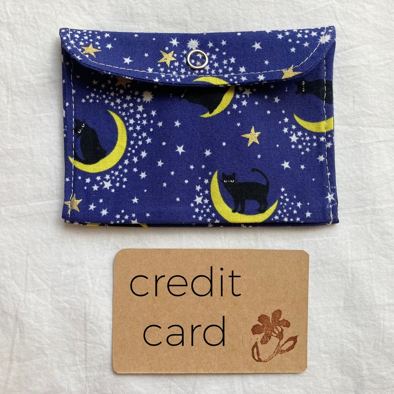 Black Cat Tiny Pouch, Small Japanese Fabric Snap Coin Purse or Card Case in Blue with Kitties and Moons image 4