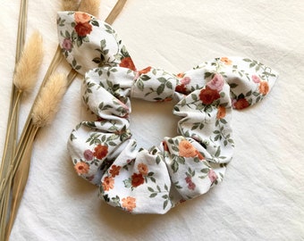 French Garden Bow Scrunchie, Pretty White Rose Hair Tie Accessory