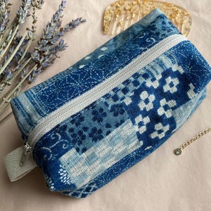 Petit sac boîte japonais, 3 x 15 cm (3 x 15 cm) en toile indigo pour le maquillage