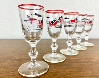 Vintage Libbey Currier & Ives Shot Glasses or Cordials, Set of 5—Horse and Buggy Scene—Red Rims + Bamboo or Spindle Stems—1950s Shot Glasses