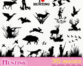 Hunting/Hunter - 35 svg/dxf/eps/silhouette studio/png - Silhouettes, cutting file, clipart Retriever woodcock rabbit hare dog duck deer hunt