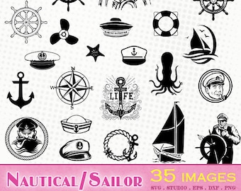 Sailor/Nautical - 35 svg/dxf/eps/silhouette studio/png - Silhouettes, cutting file, clipart - Sailor boat nautical navy anchor wind rose svg