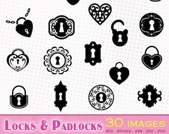 Cadeados e cadeados - 30 imagens - arquivos svg/dxf/eps/studio/png - Silhuetas, arquivos de corte de clipart vetorial - cadeado de bloqueio svg
