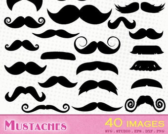 Mustache - 40 mustaches svg/dxf/eps/silhouette studio/png files - Silhouettes, cutting files, clipart, vector files - Mustache beard hipster
