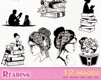 Reading / Books - 12 files svg / eps / dxf / png / silhouette studio - svg vector files reading book stack books library library