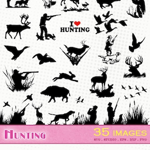Chasse - 35 images - Fichiers svg/dxf/eps/studio/png - Silhouettes, fichiers de découpe vectoriel, clipart chasseur lapin sanglier hunting