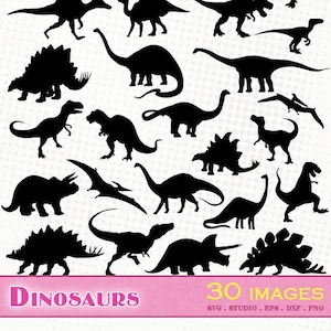 Dinosaures - 30 fichiers svg/dxf/eps/studio/png - Silhouettes, fichiers découpe vectoriel, clipart Tyrannosaure Brontosaure Triceratops svg