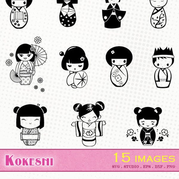 Kokeshi / Poupées japonaises -  images - Fichiers svg/dxf/eps/studio/png - Silhouettes, fichiers de découpe vectoriel, clipart Kokeshi doll